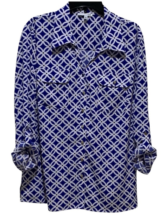 Notations Tops - Notations Blue and White Geometric Button-Down Blouse Metallic Buttons 2XL